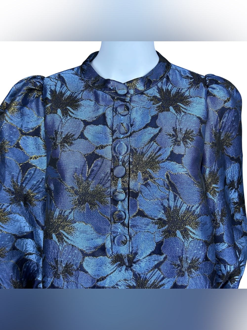 Pomander Place Tuckernuck Samantha Dress M Blue Gold Floral Jacquard Textured - Picture 6 of 16